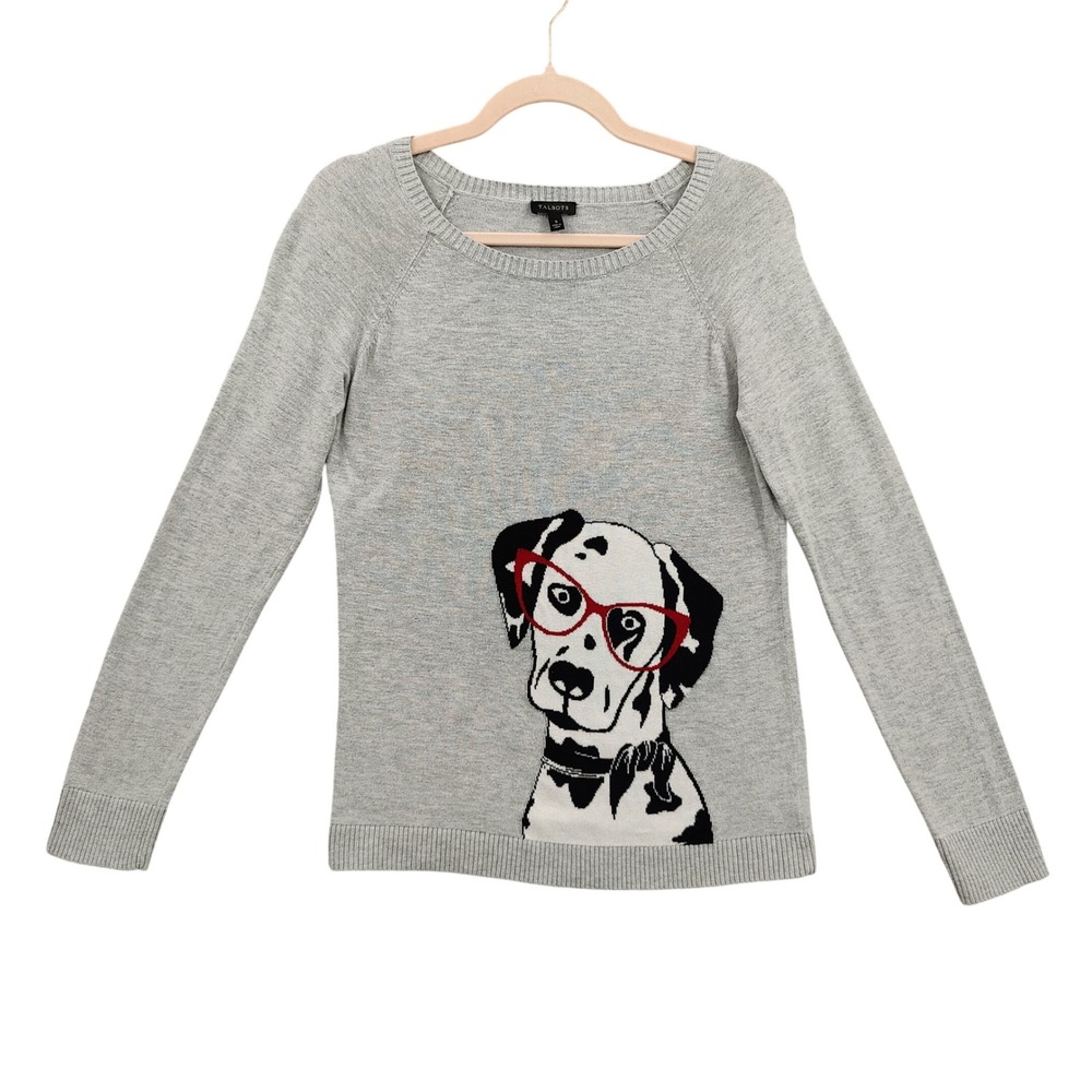 Talbots Womens Preppy Dogcore Geek Pullover Sweater S Gray Dalmatian Novelty